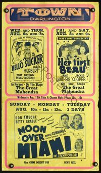 4a090 TOWN DARLINGTON local theater window card '41 Moon Over Miami, Hello Sucker, Her First Beau!