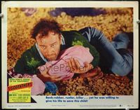 4b027 3 GODFATHERS lobby card #4 '49 incredible close up of rumpled John Wayne saving baby's life!