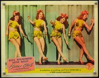 4b270 COVER GIRL lobby card '44 sexy Rita Hayworth on stage with 3 showgirls in skimpy outfits!