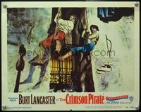 4b278 CRIMSON PIRATE lobby card '52 Burt Lancaster & Nick Cravat hanging from ropes by castle wall!
