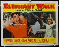 4b322 ELEPHANT WALK movie lobby card #5 '54 wacky image of Elizabeth Taylor, elephant on the attack!