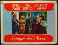 4b325 ESCAPE ME NEVER LC '48 young Ida Lupino in straw hat, tie & skirt glares at older people!