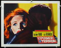 4b330 EXPERIMENT IN TERROR movie lobby card '62 creepy image of Lee Remick being strangled!