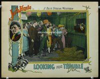 4b602 LOOKING FOR TROUBLE movie lobby card '26 cool image of cowboy Jack Hoxie vs. mob!