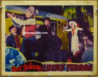 4b610 LUCKY TERROR lobby card '36 great image of cowboy Hoot Gibson making trick shot, Lona Andre!