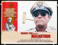 4b612 MacARTHUR movie lobby card #1 '77 great image of daring General Gregory Peck w/corncob pipe!