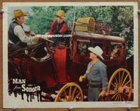 4b619 MAN FROM SONORA movie lobby card '51 cool image of Johnny Mack Brown, stagecoach!