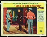 4b622 MAN IN THE SHADOW movie lobby card #4 '58 cool image of Orson Welles held at gunpoint!