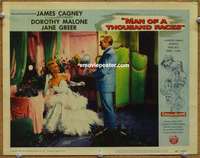 4b623 MAN OF A THOUSAND FACES movie lobby card #7 '57 James Cagney w/pretty Dorothy Malone in dress!