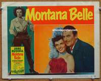 4b637 MONTANA BELLE lobby card #6 '52 cool border art of sexy gunslinger Jane Russell, George Brent!
