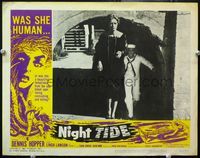 4b649 NIGHT TIDE movie lobby card '63 woman emerging from tunnel with Dennis Hopper running behind!