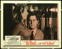 4b889 TO BED OR NOT TO BED lobby card #2 '64 great wacky image of Alberto Sordi staring at chest!
