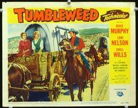 4b907 TUMBLEWEED movie lobby card #8 '53 great image of Audie Murphy on horseback talking w/girls!