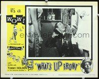 4b956 WHAT'S UP FRONT movie lobby card #4 '64 wacky Tommy Holden as traveling bra salesman!