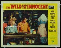4b968 WILD & THE INNOCENT movie lobby card #3 '59 image of Audie Murphy & Sandra Dee at tailor!