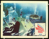 4b986 WORLD WITHOUT SUN movie lobby card '65 great image of underwater diver capturing fish!