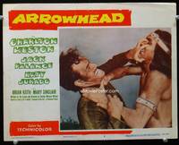 4c034 ARROWHEAD movie lobby card #2 '53 great image of Charlton Heston struggling with Jack Palance!