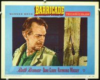 4c047 BARRICADE movie lobby card #7 '50 Raymond Massey narrowly missed by knife!