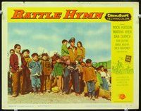 4c049 BATTLE HYMN LC #2 '57 Rock Hudson holding two Korean orphans & standing with many more!