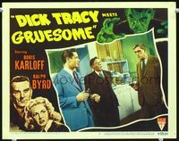 4c158 DICK TRACY MEETS GRUESOME LC #2 '47 Boris Karloff holds pistol on two guys in laboratory!