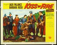 4c387 KISS OF FIRE movie lobby card #3 '55 Jack Palance threatens Spanish soldier w/knife!