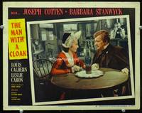 4c461 MAN WITH A CLOAK movie lobby card #6 '51 Barbara Stanwyck & Joseph Cotten have a drink!