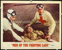 4c485 MEN OF THE FIGHTING LADY movie lobby card #4 '54 unconscious pilot Van Johnson lays on runway!
