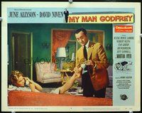 4c519 MY MAN GODFREY movie lobby card #4 '57 David Niven putting shoe on sexy Martha Hyer!