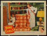 4c544 NINE GIRLS movie lobby card '44 Evelyn Keyes, sorority mystery, great image of man hiding!