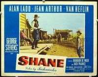 4c717 SHANE movie lobby card #2 '53 cool image of cowboy Jack Palance w/gun & Elisha Cook Jr.!