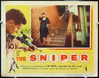 4c749 SNIPER lobby card '52 Marie Windsor at bottom of stairs with crazy sniper Arthur Franz at top!