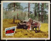 4c876 TRAIL OF ROBIN HOOD lobby card #3 '50 great image of Roy Rogers using Trigger as fire shield!