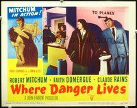 4c960 WHERE DANGER LIVES movie lobby card '50 Robert Mitchum & Faith Domergue!