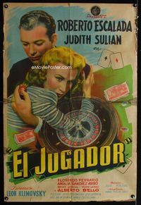 4e031 EL JUGADOR Argentinean poster '48 cool gambling artwork with roulette wheel, cards & cash!
