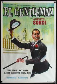 4e034 FUMO DI LONDRA Argentinean poster '66 art of Alberto Sordi in London wearing suit and top hat!
