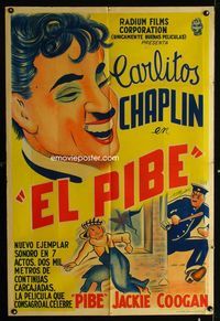 4e040 KID Argentinean poster R40s art of Charlie Chaplin laughing & Jackie Coogan chased by cop!