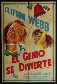 4e060 MR. BELVEDERE RINGS THE BELL Argentinean poster '51 artwork of Clifton Webb winking at lovers!