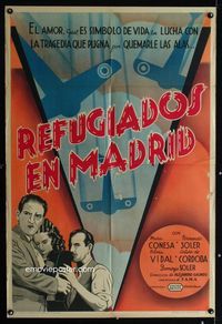 4e074 REFUGEES IN MADRID Argentinean '38 cool art of Spanish Civil War refugees w/planes overhead!