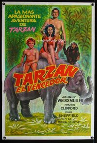 4e087 TARZAN TRIUMPHS Argentinean poster R60s Weissmuller, Gifford, Sheffield & Cheeta on elephant!