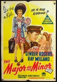 4d356 MAJOR & THE MINOR Aust 1sh '42 Ginger Rogers poses as a young teen confusing Ray Milland!