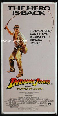 4d666 INDIANA JONES & THE TEMPLE OF DOOM Hero is Back style Aust daybill '84 full-length art of Harrison Ford w/whip!