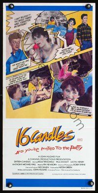 4d866 SIXTEEN CANDLES Australian daybill '84 Molly Ringwald, John Hughes, cool comic book design!