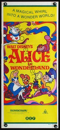 4d423 ALICE IN WONDERLAND Australian daybill R74 Walt Disney, really cool psychedelic cartoon art!