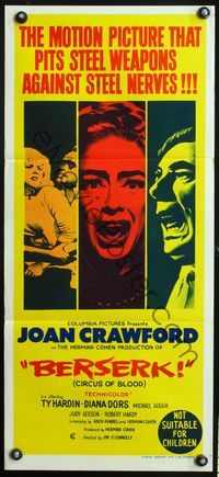 4d452 BERSERK Australian daybill poster '67 crazy Joan Crawford, sexy Diana Dors, circus horror!