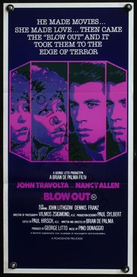 4d461 BLOW OUT Aust daybill '81 John Travolta, Brian De Palma, murder has a sound all of its own!