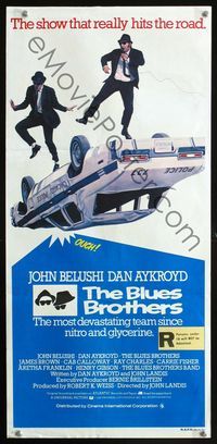 4d463 BLUES BROTHERS Aust daybill '80 great art of John Belushi & Dan Aykroyd singing & dancing!