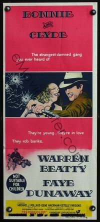 4d464 BONNIE & CLYDE Aust daybill '67 cool art of classic crime duo Warren Beatty & Faye Dunaway!