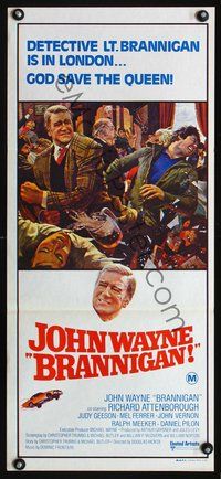 4d467 BRANNIGAN Australian daybill '75 Douglas Hickox, great art of fighting John Wayne in England!