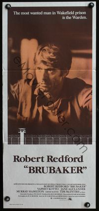 4d475 BRUBAKER Aust daybill '80 warden Robert Redford is the most wanted man in Wakefield prison!