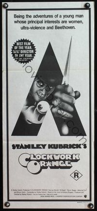 4d504 CLOCKWORK ORANGE Aust daybill R70s Kubrick classic, Phillip Castle art of Malcolm McDowell!